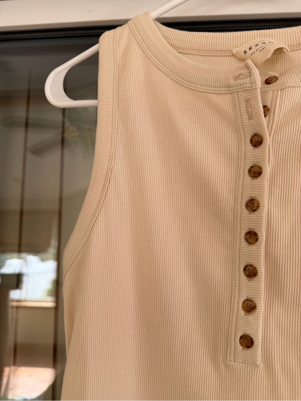 Sezane Cream Ribbed Henley Felicien Tank Top, Cream - Picture 3 of 6